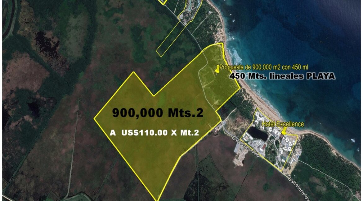 Vendo 1.5 Millón de Mts.2 CON PLAYA en UVERO ALTO o 900,000 o  600,000, PUNCA CANA, DE OPORTUNIDAD