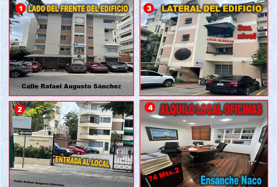 ALQUILO LOCAL DE OFICINAS EN ENSANCHE NACO, 74 Mts.2, 3er. NIVEL